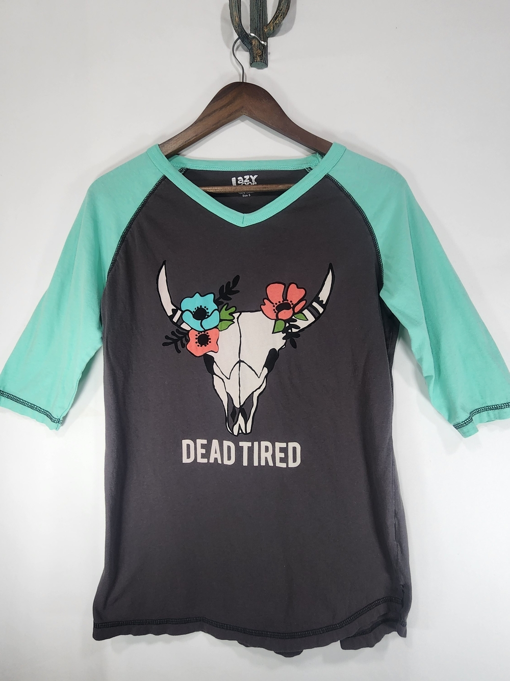 Lazy One "Dead Tired" Womens PJ Tall Tee 3/4 Length Sleeve Sz S Teal Cow Skull